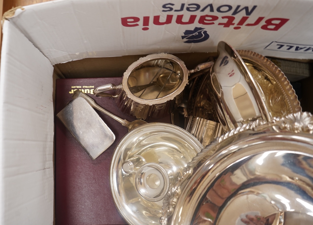 A collection of plated items, including a pair of candle holders, coffee pot, a jasper ware biscuit box and similar pot without cover. Condition - varies